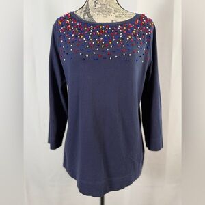 Talbots Embellished Navy Blue Cotton Top | Multicolor Details | M